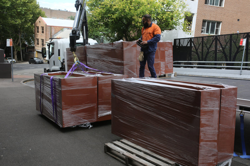 Custom Planter Boxes Pyrmont: 21 Fibreglass Planters Transform Sydney Penthouse In Russet Tan